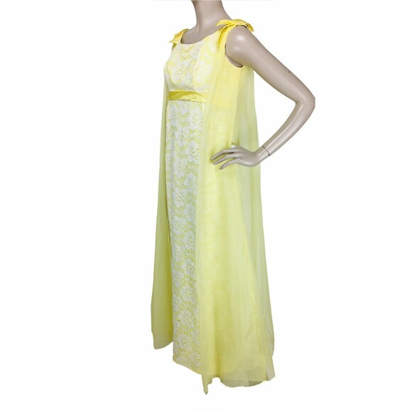 VTG 60s Yellow Floral Lace Chiffon Organza Cape Train Shoulder Bows Maxi Dress - Picture 2 of 12